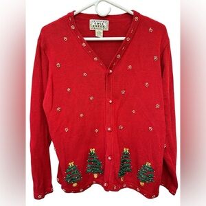Vintage Cove Creek Holiday embroidered Beaded Red Christmas Cardigan Sweater